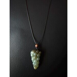 Hand-Carved Natural Nephrite Jade Grape Cluster Pendant Necklace Adjustable Cord